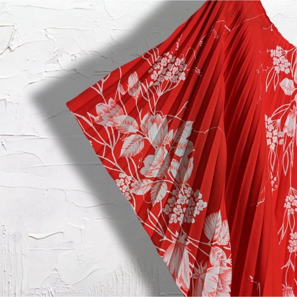 Stunning Vintage Pleated Hawaiian Accordion Caftan Dress Bright Red Floral OSFM - Picture 3 of 12